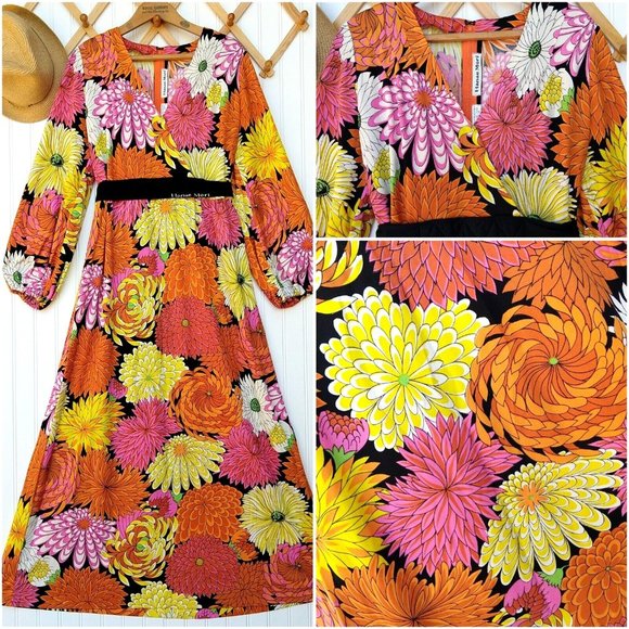 Hanae Mori Dresses & Skirts - Hanae Mori Vintage 60's 70's Maxi Dress Size 14 Floral Bright Mod Japan V Neck